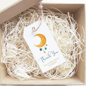 Étiquette de cadeau de naissance sur la lune, étiquette de remerciement aquarelle lune et étoiles, modèle d'étiquette modifiable bleu et or