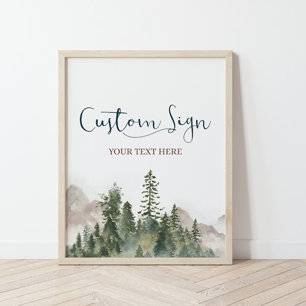 Watercolor Forest Custom Sign, Customizable Baby Shower Sign with Mountain and Trees, Watercolor Trees Woodland Sign, Baby Shower Sign