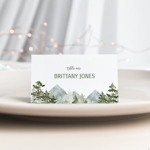 de carte de marque l'aventure commence en montagne | Douche nuptiale en montagne | Cartes de visite modifiables pour mariage rustique | Marque-place imprimable