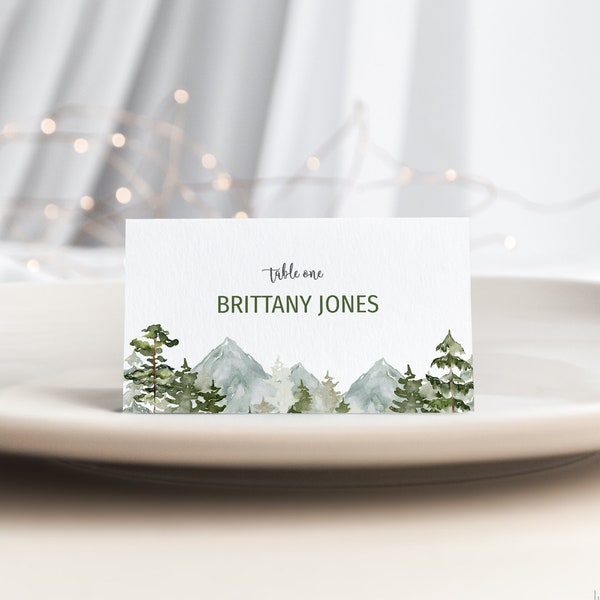 Adventure Begins Mountain Place Card Template | Mountain Bridal Shower| Rustic Wedding Editable Name Cards | Printable Place Card