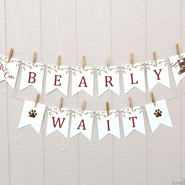 We Can Bearly Wait Baby Shower Banner | Woodland Printable Banner | Watercolor Bear Banner | Editable Baby Shower Banner