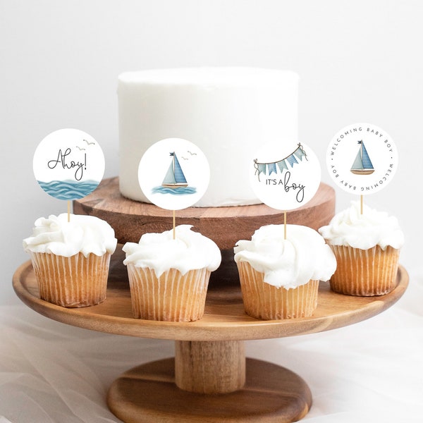 Nautical Baby Shower Cupcake Toppers | Sailboat Cupcake Topper | Ahoy It's A Boy Baby Shower | Nautical Theme | Sailboat Baby Shower Decor