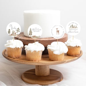The Adventure Begins Cupcake Toppers | Baby Deer Baby Shower Decor | Mountain Baby Shower Cupcake Topper | Editable Template