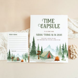 Camping 1st Birthday Time Capsule Template | One Happy Camper Birthday Capsule Card and Sign | Camping Birthday Time Capsule | Editable