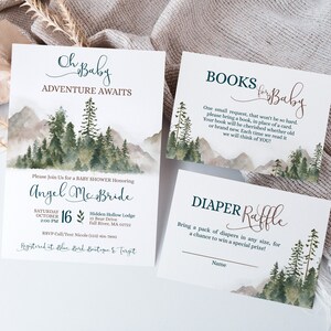 Oh Baby Adventure Awaits Watercolor Forest Baby Shower Invitation, Mountain Baby Shower, Watercolor Trees Baby Shower Invitation