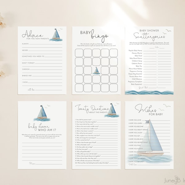 Sailboat Baby Shower Games Bundle | Nautical Baby Shower Games | Ahoy It's A Boy Baby Shower Games Set | Boy Baby Shower | Editable Template