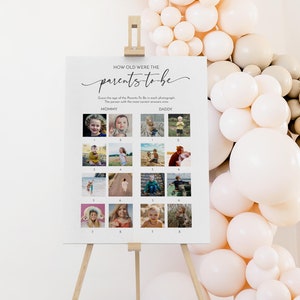 Hoe oud moesten de ouders zijn Spelbord en kaart | Spelsjabloon voor babyshower met afbeeldingen | Minimalistische babyshower fotospel poster