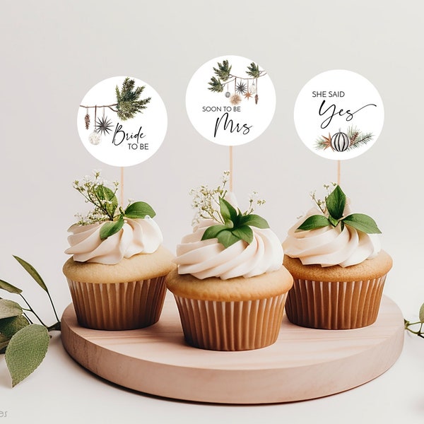 Merry Little Bridal Shower Cupcake Toppers With Winter Greenery and Ornaments | Christmas Bridal Shower Decorations | Winter Bridal Shower