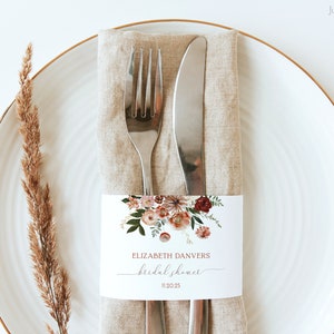 Herbst Serviette wickeln | Herbst Brautparty Serviettenband | Herbsthochzeit Serviette Namenskarte | Herbst Blumen Papier Serviettenring | Bearbeitbare Vorlage