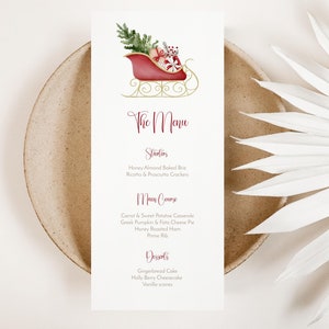 Cartão de menu de jantar de Natal para impressão | Modelo de menu de trenó de Natal | Cartão de menu de feriado | Modelo editável