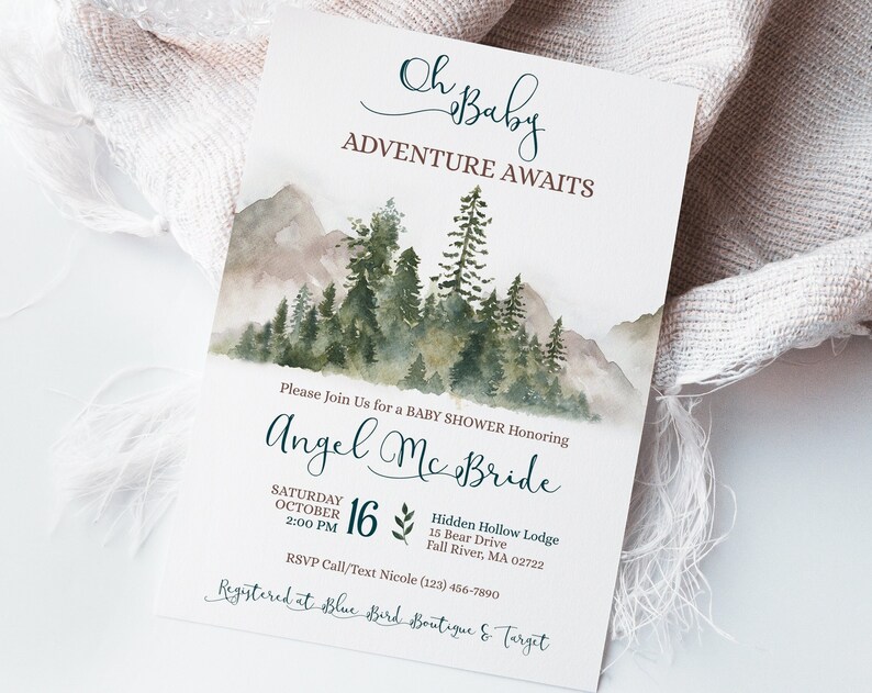 Oh Baby Adventure Awaits Baby Shower Invitation Watercolor Forest Baby Shower Invitation Oh Baby Invite Watercolor Trees Baby