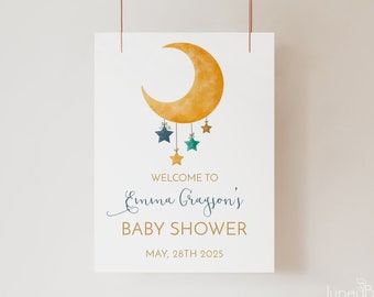 Over The Moon Baby Shower Welcome Sign, Watercolor Moon and Stars Sign Template, Blue and Gold Baby Shower Printable Poster