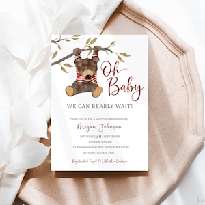 Oh Baby We Can Bearly Wait Baby Shower Invitation | Woodland Oh Baby Shower Invitation | Watercolor Bear | Bear Baby Shower | Forest Bear