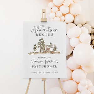 The Adventure Begins Baby Shower Welcome Sign | Mountain Baby Shower Welcome | Watercolor Forest Welcome Sign | Woodland Baby Welcome