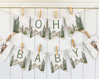 Oh Baby Watercolor Forest Baby Shower Banner | Mountain Baby Shower Banner | Watercolor Mountain Scene Oh Baby Banner | Oh Baby Shower