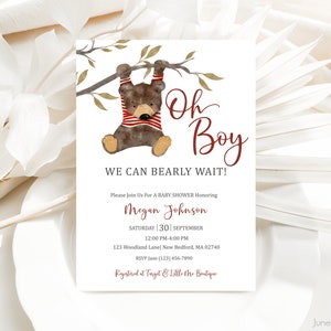 Oh Boy We Can Bearly Wait Baby Shower Invitation | Woodland Baby Shower Invitation | Watercolor Bear | Bear Baby Shower | Forest Bear