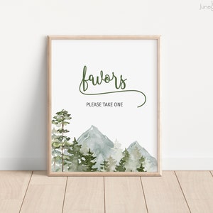 The Adventure Begins Favors Sign | Watercolor Forest Favors Sign Template | Mountain Baby Shower Sign | Bridal Shower Favors Sign