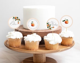 Little Cutie Baby Shower Cupcake Toppers | Citrus Theme (Editable Template)