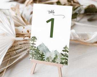 Adventure Begins Mountain Them Table Numbers Template |  Watercolor Forest Table Numbers | Woodland Wedding Numbers