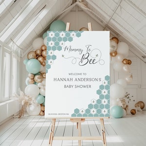 Plantilla de signo de bienvenida de baby shower de mamá a abeja / Cartel de baby shower de abeja de miel / Signo de ducha de panal azul y abejas / Plantilla editable