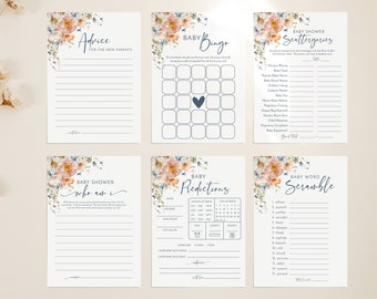 Floral Baby Shower Games Set: Navy, Peach (Printable Template)