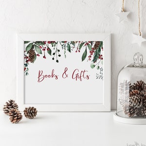 Merry Little Baby Shower Books and Gifts Sign With Berries and Greenery | Christmas Books and Gifts Sign | Baby Shower Sign Template
