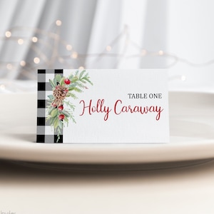 Buffalo Weihnachtstischkarte kariert | Weihnachtstisch-Namenskarten | Urlaub Party Tischkarten | Bearbeitbare Namenskarten | Sofort Download