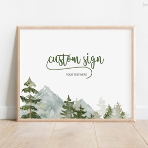 Watercolor Forest and Mountains Custom Sign Template | Woodland Custom Sign | Mountain Shower Sign | The Adventure Begins