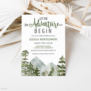 The Adventure Begins Baby Shower Invite | Watercolor Trees Baby Shower Invitation | Mountain Scene | Woodland Baby Shower Editable Template