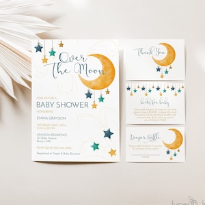 Over The Moon Baby Shower Invitation Suite, Watercolor Moon and Stars, Blue and Gold Stars, Editable Digital Invitation Set