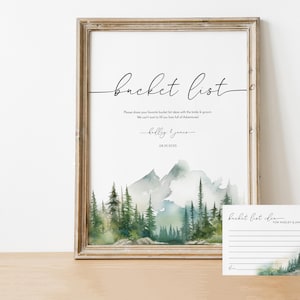Letrero y tarjetas con lista de deseos para bodas en la montaña / Juego de despedida de soltera o recepción con temática de aventuras / Juego de novia en el bosque de montaña / Imprimible