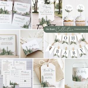 Oh Baby Adventure Awaits Baby Shower Bundle | Mountain Baby Shower Set |  Watercolor Forest Baby Shower Invitation, Games and Decor