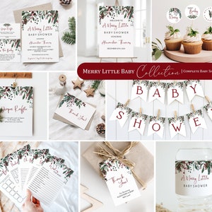 A Merry Little Baby Shower Bundle | Christmas Baby Shower Set |  Christmas Greenery and Berries Baby Shower Invitation, Games and Decor