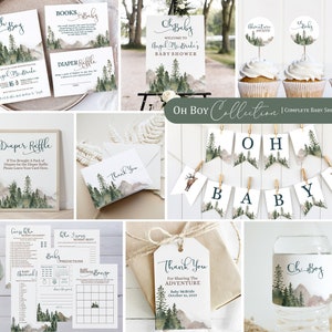Oh Boy Adventure Awaits Baby Shower Bundle | Mountain Baby Shower Set |  Watercolor Forest Baby Shower Invitation, Games and Decor