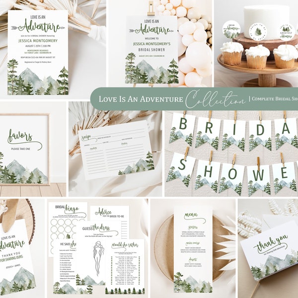 Love Is An Adventure  Bridal Shower Bundle | Mountain Bridal Shower Set |  Watercolor Forest Bridal Shower Invitation, Games and Decor