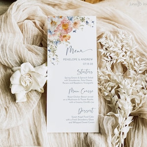 Plantilla de menú de bodas de verano / Menú de flores de acuarela imprimible / Menú de despedida de soltera Boho / Menú melocotón y azul marino / Plantilla editable