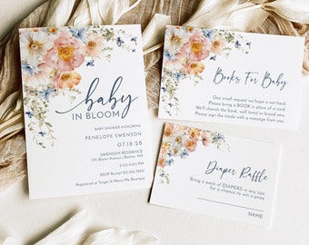 Peach Floral Baby Shower Invitation Set (Editable Template)