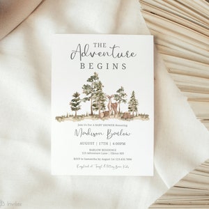 The Adventure Begins Baby Shower Invite | Watercolor Trees Baby Shower Invitation | Mountain Scene | Woodland Baby Shower Editable Template