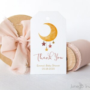 Étiquette de cadeau de naissance sur la lune, étiquette de remerciement aquarelle lune et étoiles, modèle d'étiquette modifiable rose et or