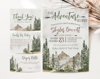 The Adventure Begins Baby Shower Invite, Watercolor Trees Baby Shower Invitation, Mountain Scene, Woodland Baby Shower, Editable Template