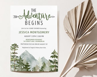 The Adventure Begins Baby Shower Invite | Watercolor Trees Baby Shower Invitation | Mountain Scene | Woodland Baby Shower Editable Template