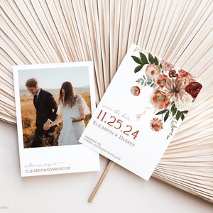 Fall Floral Photo Save The Date Template, Rust Floral Wedding Invitation (Editable)