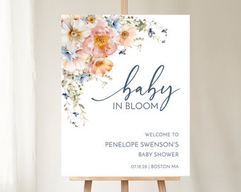 Modello di cartello di benvenuto per baby shower con bambino in fiore / Poster floreale per baby shower / Fiori estivi Cartello di benvenuto per baby shower / Decorazione per baby shower