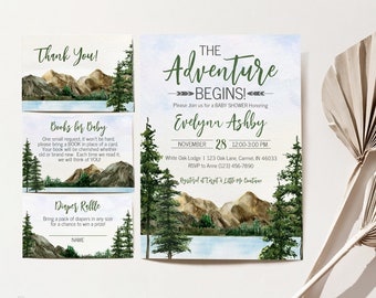 The Adventure Begins Baby Shower Invite, Watercolor Trees Baby Shower Invitation, Mountain Scene, Woodland Baby Shower, Editable Template