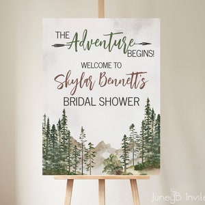 The Adventure Begins Bridal Shower Welcome Sign | Shower Welcome | Watercolor Trees Mountain Scene | Woodland Shower Sign