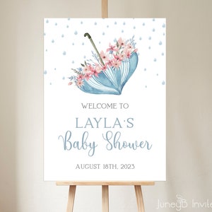 May include: A blue and white umbrella with pink flowers is decorated with raindrops. The text "Welcome to Layla's Baby Shower August 18th, 2023" is printed below the umbrella.