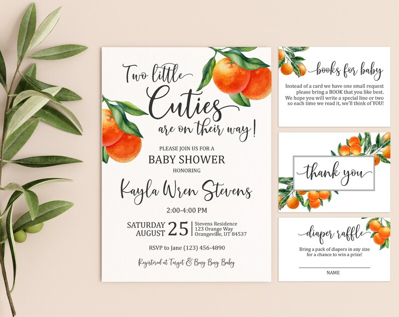 Two Little Cuties Are On Their Way Baby Shower Invitation Clementine Orange Cutie Invite Gender Neutral Baby Shower Twins