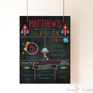 Rockets First Day Of School Chalkboard Sign, Space Theme Back To School Sign, Kindergarten Sign With Rockets, Personalized Sign, Template