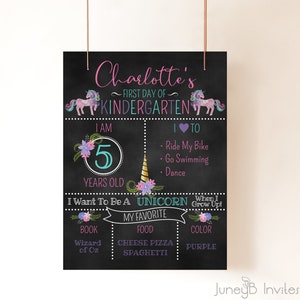 Unicorn First Day Of School Chalkboard Sign, Editable Back To School Sign, Kindergarten Sign With Unicorns, Personalized Sign, Sign Template