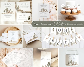 May include: A complete baby shower set with a woodland theme. The set includes invitations, a welcome sign, a banner, cupcake toppers, water bottle labels, thank you tags, and games. The design features a watercolor illustration of a forest with deer, trees, and the text "The Adventure Begins".